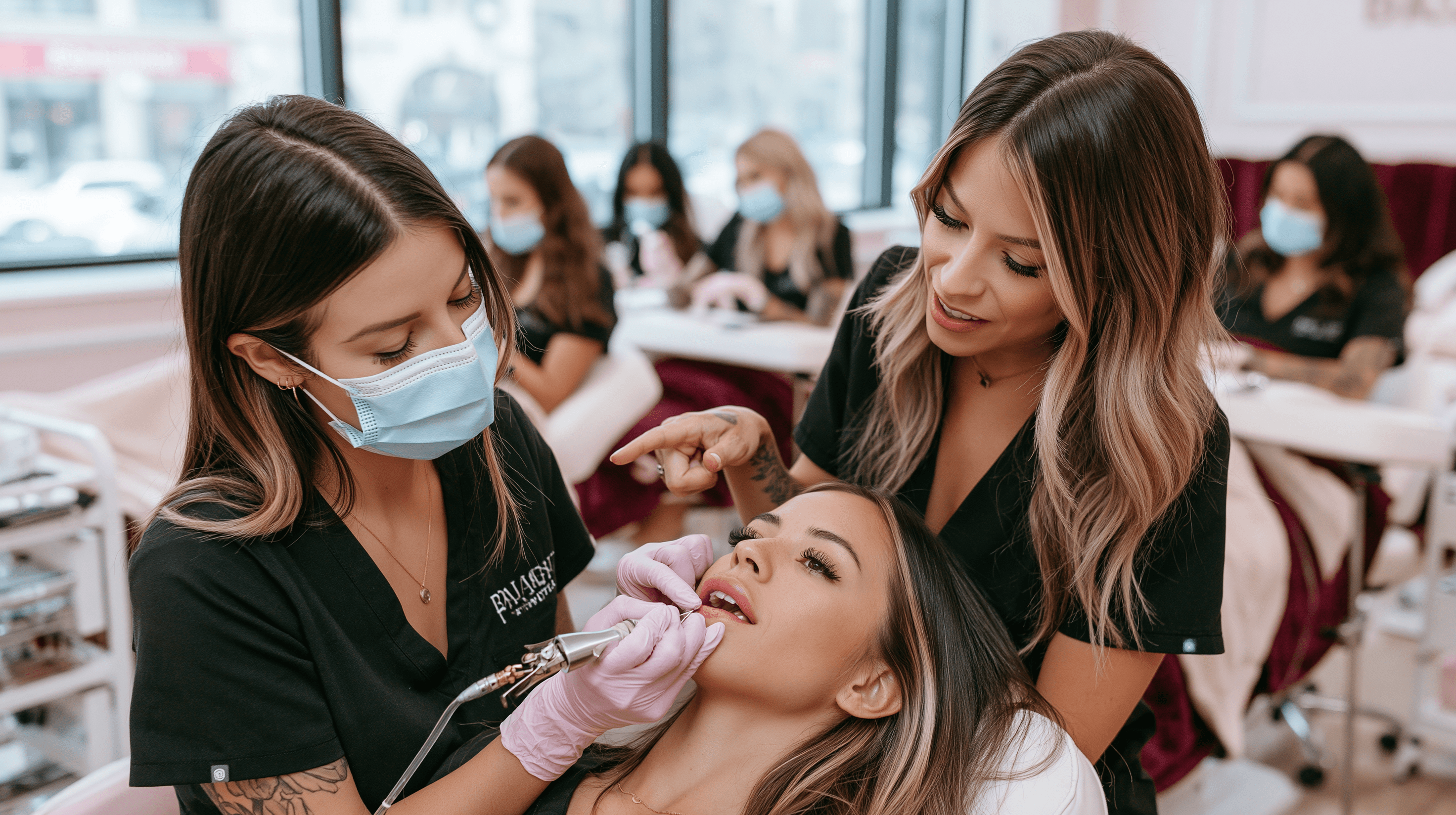 Instructor guiding a student during live-model lip blush training at the Santa Ana studio